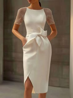 Come to Fehaute to buy Dresses at a discounted price, SPU: 4AHMDR813D91, Color: White, Activity:Holiday, Neckline:Crew Neck. Sheath Midi Dress, Bride Attire, White Crew Neck, Dress With Bow, Knee Length Dress, Bride Dress, Special Occasion Dresses, Occasion Dresses, Mother Of The Bride