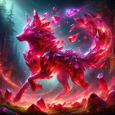 a red and purple wolf standing in the middle of a forest with rocks around it