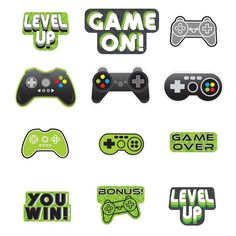 various stickers that say game on, and the words level up are in green