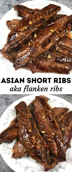 Asian Marinated Flanken Beef Ribs pan seared on the stove - this recipe is super easy and super yum! Here's how to make it! Short Rib Steak Recipe, Chinese Beef Ribs Recipe, Pork Flanken Ribs Recipe, Japanese Short Ribs Recipe, Asian Short Ribs Recipe Crockpot, Easy Korean Short Ribs Recipe, Japanese Ribs Recipe, Pan Seared Beef Short Ribs