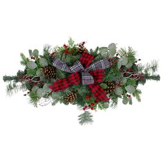 a christmas wreath with pine cones, evergreens and plaid bow on white background photo