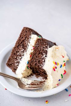 a slice of chocolate cake with white frosting and sprinkles on a plate