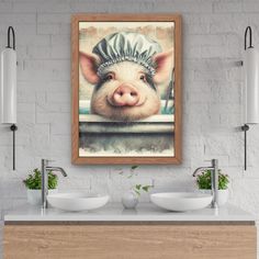 a pig with a chef's hat hanging on the wall next to two sinks