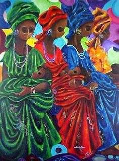 an oil painting of three women dressed in colorful clothing and headgear, one holding a baby