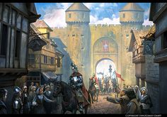 an image of a medieval town scene with knights on horseback and men in full armor