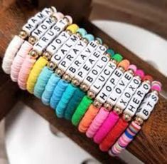 We can personalized your bracelets, we also have glow in the dark letters for an extra fee.  We have $1 to $ 7 bracelets depending in the quantity and the materials you want Heishi Jewelry, Beaded Braclets, Preppy Bracelets, Homemade Bracelets, Fun Bracelet, Word Bracelet, Clay Bracelet, Diy Bracelet Designs, Diy Bracelets Patterns