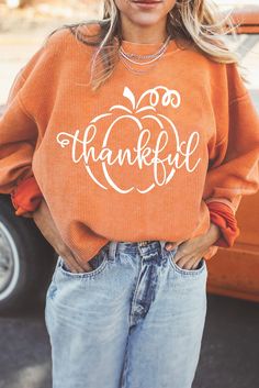 Olivia Mark - Blessed Orange Graphic Sweatshirt Pumpkin Graphic, Thanksgiving Sweatshirt, Blue Game, Santa Sweatshirt, Orange Pumpkin, Holiday Tops, Orange Sweaters, Chenille Sweater, Sweatshirt Set