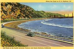 an old postcard shows a car driving along the coast