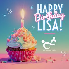 a cupcake with a lit candle on it and the words happy birthday lisa