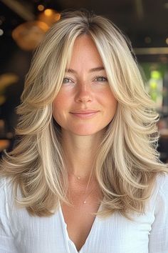 Butterfly Haircut Over 50, Side Part 90s Hair, 90s Layered Long Bob, Butterfly Haircut Blonde, Feathery Haircut, Layered Feathered Hair, Women’s Medium Length Haircut, Medium Length Hair With Lots Of Layers, Blonde Butterfly Cut