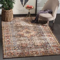 an area rug with a chair and potted plant