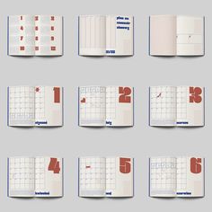 a set of twelve calendars with different numbers on each page and the number one