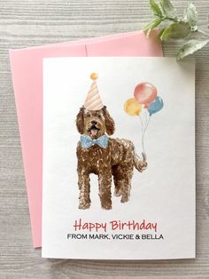 a birthday card with a dog wearing a party hat and holding balloons on top of it