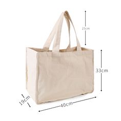 a large canvas tote bag with measurements for the handles and sides, shown on a white background