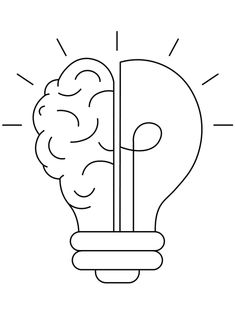 a black and white drawing of a light bulb with a brain in it's center