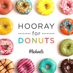 there are many different donuts on this white background with the words hooray for donuts