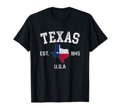 a black texas t - shirt with the word, est est usa in white and red