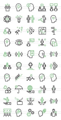 green and black line icons on a white background with lines in the middle, including people's heads