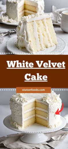 a white velvet cake on a plate with the words, white velvet cake above it