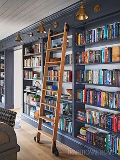 a ladder leaning up against a bookshelf filled with books