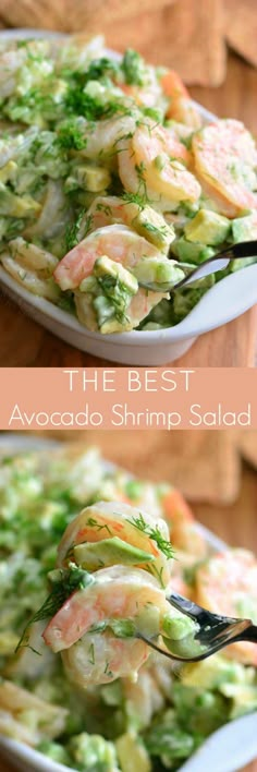 two pictures of shrimp salad with broccoli and carrots on the side, one is