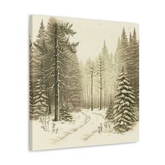 a drawing of a snowy road in the woods