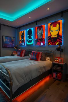 Iron Man Themed Bedroom with Illuminated Art Junior Boys Bedroom Ideas, Boys Bed Rooms, Power Ranger Bedroom Ideas, Kids Boys Room Ideas, Boys Toddler Room Ideas, Super Hero Bedroom Ideas For Boys, Marvel Interior Design, Captain America Room Ideas Boy Bedrooms, Spiderman Bathroom Ideas