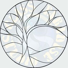 a circular stained glass window with a tree in the center and words below it that say,