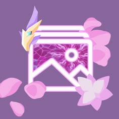 an image of a computer screen with pink flowers and petals around it on a purple background