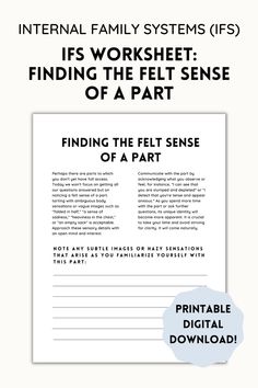 Are you looking for a unique way to understand your Internal Family Systems (IFS)? Our Parts Worksheet on Felt Sense of Parts is a beautiful and creative approach to mapping out your managers, firefighters, exiles and more. With interactive prompts and quotes, this worksheet will help you gain a better understanding of your parts and how they work together. Unlock the hidden stories of your internal family systems and create a space of compassion and healing. Ifs Parts Mapping, Internal Family Systems Worksheets, Ifs Parts, Ifs Therapy, Psychology Therapist, Family Therapy Activities, Psychology Resources, Parts Work, Internal Family Systems