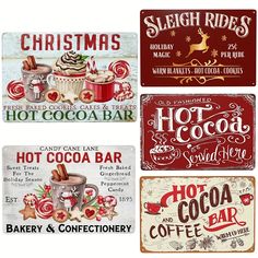 four metal signs with different types of hot cocoa and coffee drinks on them, all in various styles