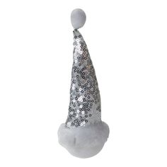 a white christmas hat with silver sequins and snowflakes on it's side