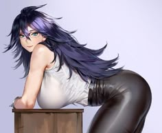 a woman with purple hair sitting on top of a wooden box next to a wall