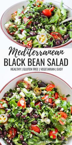 two white bowls filled with black bean salad