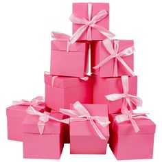 many pink boxes with white ribbons and bows