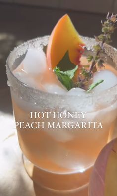 a close up of a drink in a glass with ice and fruit on the rim