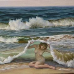 a painting of a nude woman sitting on the beach with waves crashing in front of her