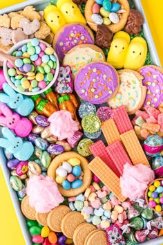 a box filled with lots of different types of cookies and candies next to each other