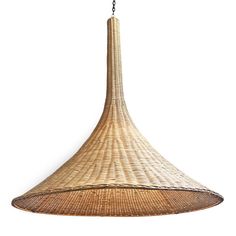 a hanging light made out of wicker with a chain attached to the bottom of it