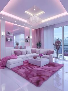 a living room filled with furniture and pink rugs on top of a white floor