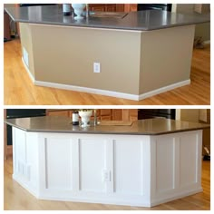 two pictures of a kitchen island in the middle of a room with wood flooring