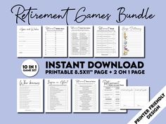 the printable retirement games bundle is shown in black and white, with instructions for each game