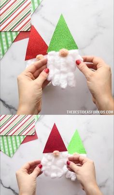 two photos showing how to make an origami christmas tree with red, green and white paper