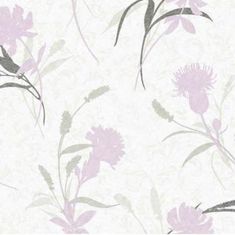 a floral wallpaper with purple flowers and green leaves