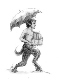 a drawing of a man with an umbrella carrying a box and a dog on his back