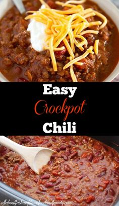 an easy crockpot chili recipe with cheese on top and in the bottom, it's ready to be eaten