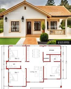 the floor plan for a small house with two rooms and an attached porch, is shown