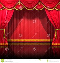 a red stage curtain with gold trimmings on the sides and an empty floor