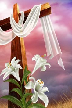 a cross with white lilies in front of a purple sky and clouds behind it