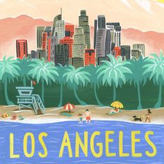 Los Angeles beach canvas with LA skyline and Hollywood Hills; illustration by Angela Staehling Los Angeles Painting, Los Angeles Landscape, Los Angeles Beach, City Iphone Wallpaper, Skyline Illustration, California Pictures, Window Illustration, Gift Illustration, Los Angeles Skyline